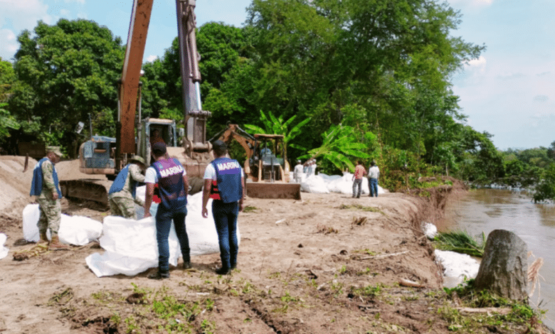 Conagua instala megacostales ante erosión en río La Sierra