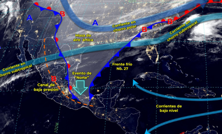 Lluvias fuertes y Evento Norte en el Sureste de México; caída de aguanieve en Noroeste