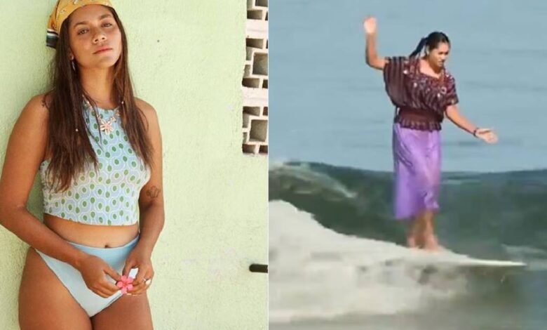 Surfista mexicana Patricia Ornelas desafía olas con vestido huipil