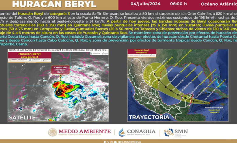 Actualización huracán Beryl, Categoría 3, activan Alerta Naranja para Quintana Roo