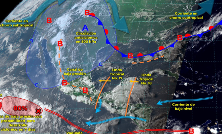 Se pronostican lluvias en Yucatán, Campeche, Tabasco, Veracruz, Oaxaca y Guerrero