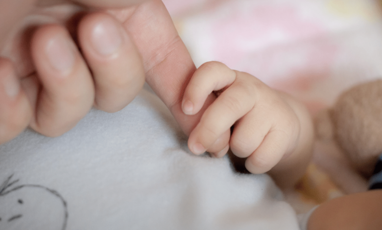 Mano adulta tomando la mano de un bebe