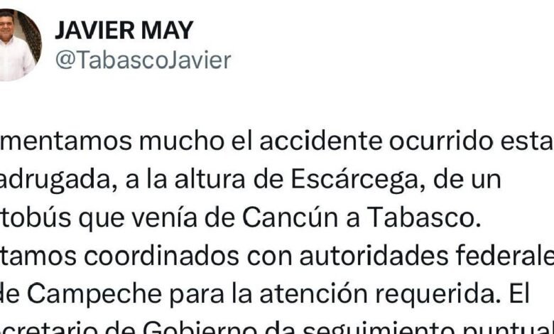 Lamenta Gobernador Javier May accidente en la vía a Escárcega