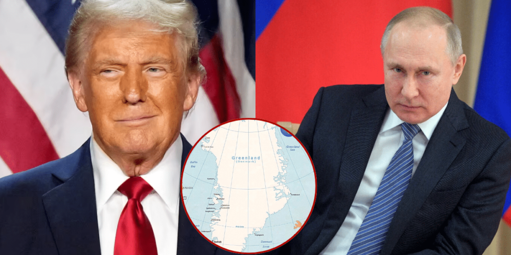 Imagen editada de Donald Trump y Putin con una inserción de imagen en medio de ambos de Groenlandia