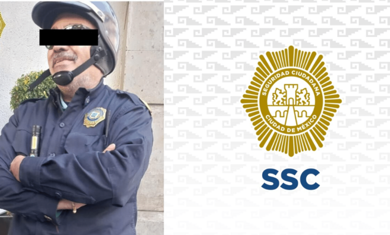 Imagen editada de hombre disfrazado de policía con la insignia de la SSC
