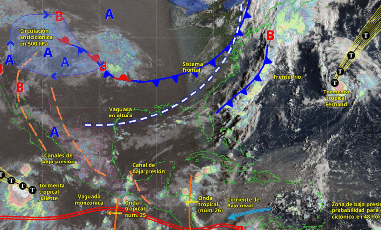 Para hoy, el monzón mexicano e inestabilidad atmosférica, propiciarán lluvias puntuales intensas en el norte y centro de Nayarit; centro y sur de Sinaloa y oeste de Durango; puntuales muy fuertes en Sonora y Chihuahua; y puntuales fuertes en Baja California Sur y Baja California.