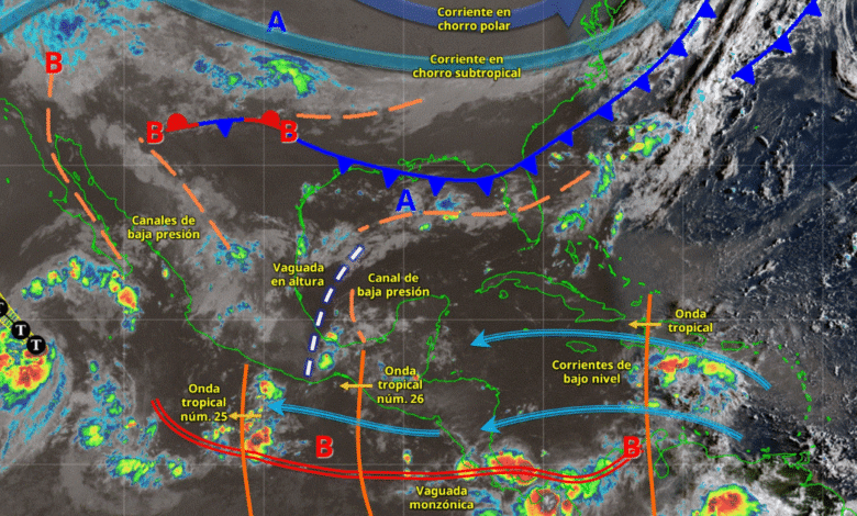 Este día, el monzón mexicano en interacción con inestabilidad atmosférica, ocasionarán lluvias puntuales intensas en Sinaloa y Nayarit; muy fuertes en Chihuahua y Durango; fuertes en Sonora y Baja California Sur; así como chubascos en Baja California; todas con descargas eléctricas. 