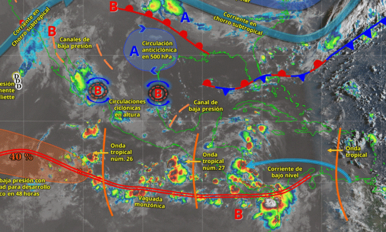 Este día, el monzón mexicano en interacción con una circulación ciclónica en niveles medios de la atmósfera sobre Baja California Sur, propiciarán lluvias fuertes a puntuales muy fuertes en Baja California Sur, Sonora, Chihuahua, Sinaloa, Durango y Nayarit.