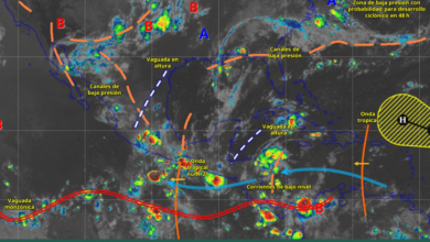 Este día, el monzón mexicano, en combinación con inestabilidad atmosférica, originarán lluvias puntuales intensas en el sur de Sinaloa y Nayarit; lluvias fuertes a muy fuertes en el noroeste del país.