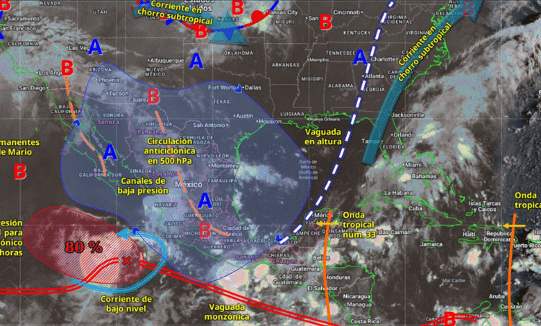 Canales de baja presión, en combinación con el ingreso de aire húmedo del golfo de México y océano Pacífico, originarán lluvias puntuales intensas