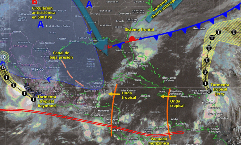 Este día, la tormenta tropical Raymond se desplazará de forma paralela a las costas de Guerrero y Michoacán, generando lluvias puntuales intensas en Jalisco, Colima, Michoacán y Guerrero (suroeste), así como lluvias muy fuertes en Nayarit.