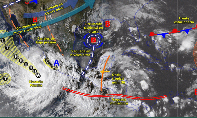 Para hoy, el huracán Priscila se localizará al suroeste de Jalisco y al sur de la península de Baja California, sus desprendimientos nubosos ocasionarán lluvias puntuales intensas en Jalisco (sur), Colima, Michoacán (este y costa) y Guerrero (suroeste y costa); puntuales muy fuertes en Nayarit y Sinaloa (sur); así como lluvias puntuales fuertes en el sur de Baja California Sur.