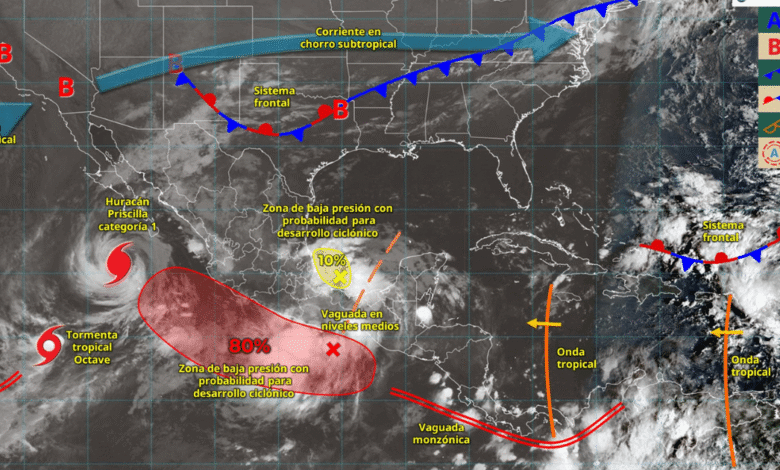 Para hoy el huracán Priscilla se desplazará frente a la costa oeste de Baja California Sur. Su circulación y bandas nubosas ocasionarán lluvias puntuales muy fuertes en Baja California Sur, e intervalos de chubascos en Sinaloa y Nayarit, además de fuertes rachas de viento y oleaje elevado en las costas de Baja California Sur, Sinaloa y Nayarit.