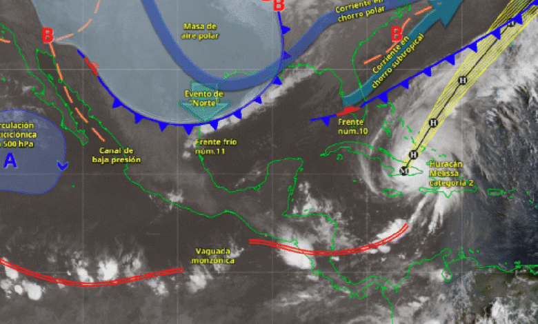 Este día, el frente frío núm. 11 y la masa de aire polar que lo impulsa se desplazarán rápidamente sobre la vertiente del golfo de México, originando lluvias fuertes a muy fuertes en el oriente y sureste mexicano, y chubascos en la península de Yucatán; así como lluvias puntuales intensas en zonas de Veracruz, Oaxaca y Tabasco.