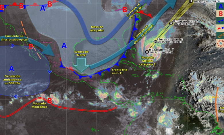 Para hoy, el frente frío núm. 11 se extenderá sobre la península de Yucatán, originando lluvias puntuales.