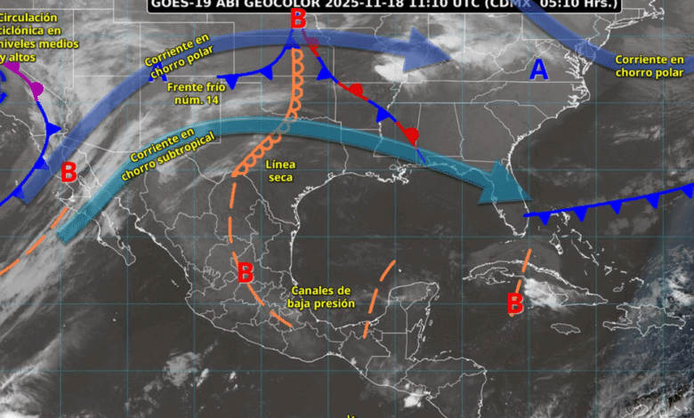 Este día, el frente frío núm. 15 se desplazará sobre el noroeste del territorio nacional, y en interacción con una vaguada polar, una circulación ciclónica en niveles medios y altos de la atmósfera.