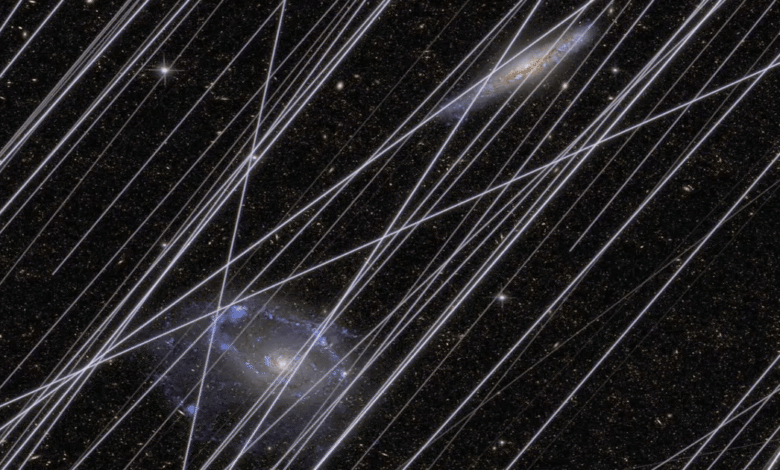 Satélites de megaconstelaciones como Starlink generan rastros luminosos que contaminan hasta el 96% de las imágenes captadas por telescopios espaciales, según la NASA. | Foto: NASA/Borlaff, Marcum, Howell Nature, 2025