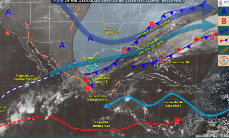 Este día, el frente frío núm. 19 se desplazará sobre el litoral del golfo de México y ocasionará lluvias puntuales intensas en zonas de Puebla (regiones Sierra Norte y Sierra Nororiental), Veracruz (regiones Huasteca Baja, Totonaca, Nautla y Olmeca), Oaxaca (norte y este), Chiapas (norte y este) y Tabasco (oeste, sur y este); lluvias fuertes a muy fuertes en el oriente y sureste del país, incluida en la península de Yucatán; y chubascos en el noreste y centro del territorio nacional.