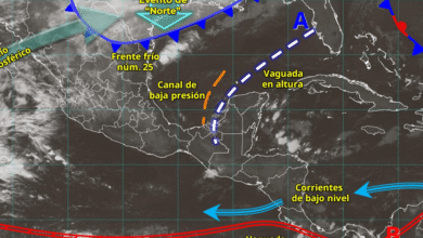 Para hoy, el frente frío núm. 25 se desplazará sobre el litoral del golfo de México, en interacción con un río atmosférico y una vaguada en altura sobre la península de Yucatán, originarán lluvias puntuales intensas