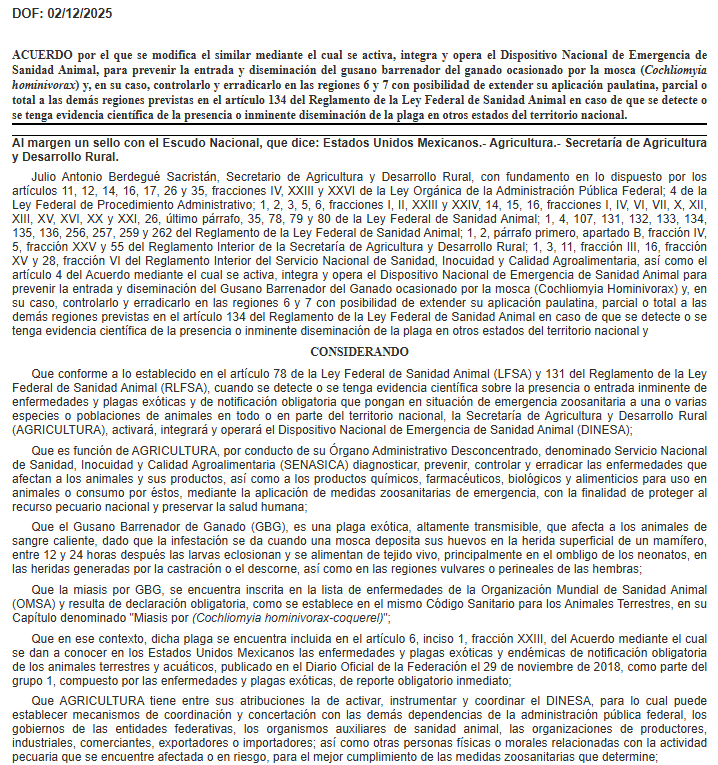 Gusano barrenador de ganado,Sader,emergencia zoosanitaria México,Senasica,movilización de ganado,Certificado Zoosanitario,plaga Cochliomyia hominivorax,ganadería mexicana,exportación de ganado,Nuevo León,sanidad animal,Diario Oficial de la Federación,campo mexicano,salud animal.