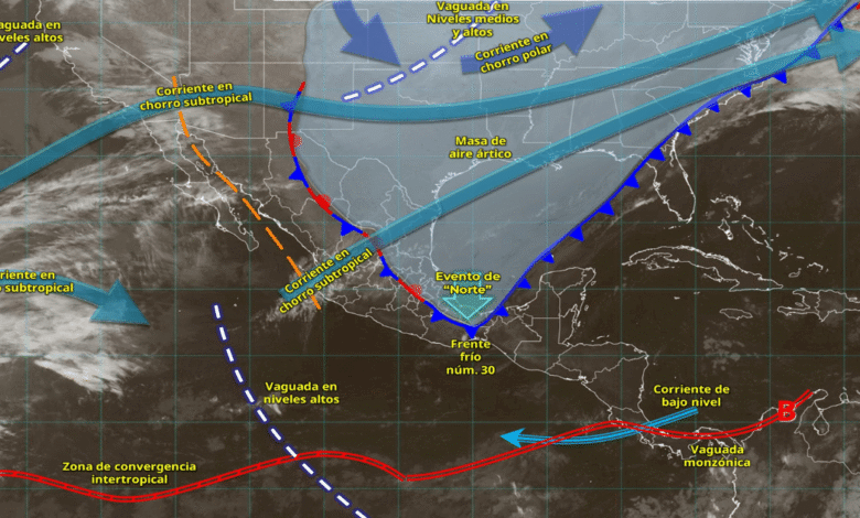 Frente frío 30 provoca lluvias torrenciales y evento de Norte intenso en el sureste del país