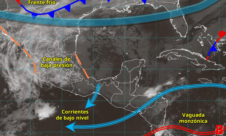 Para hoy, una vaguada en niveles altos de la atmósfera en el noroeste y occidente de la República Mexicana, en combinación con la corriente en chorro subtropical, ocasionarán lluvias puntuales fuertes en Sinaloa, Chihuahua, Coahuila, Durango, Zacatecas y Nayarit.