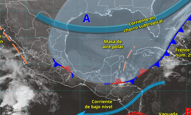 Este día, el frente frío núm. 29 se desplazará sobre el mar Caribe, sin afectar a la República Mexicana, sin embargo, su masa de aire polar cubrirá el golfo de México.