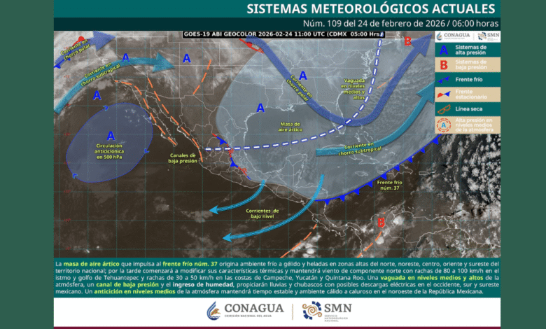 Clima hoy 24 de febrero de 2026 viento de “Norte” intenso en el Istmo y lluvias en el sur y sureste de México