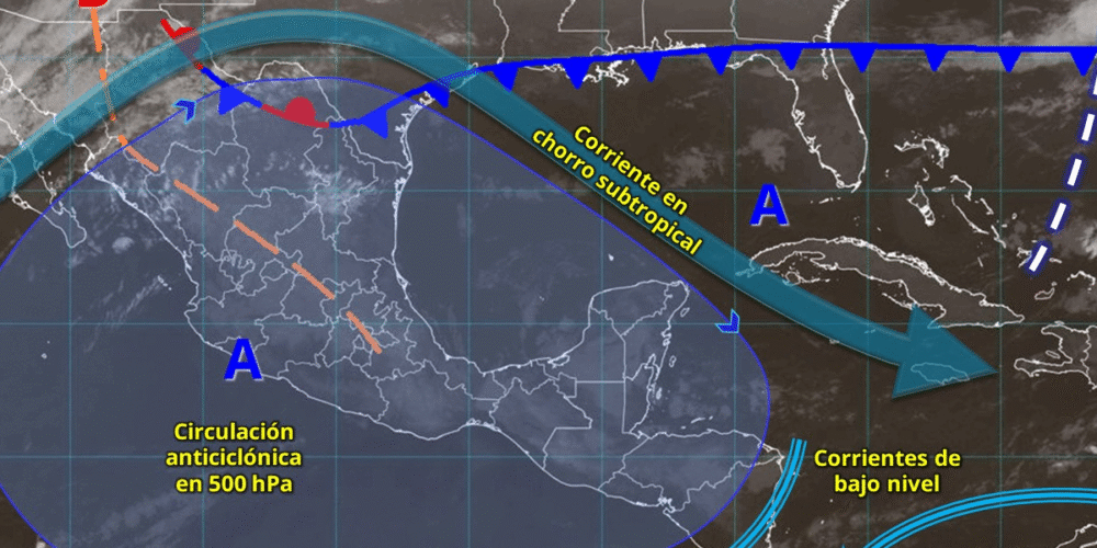 Este día, el frente núm. 34 y una vaguada polar se desplazarán lentamente sobre el noroeste del territorio nacional, en interacción con las corrientes en chorro polar y subtropical, originarán descenso de temperatura, rachas de viento, lluvias y chubascos en dicha región.