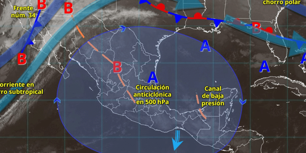 Para hoy, el frente frío núm. 34 se desplazará sobre el noroeste y norte de la República Mexicana, interaccionará con la vaguada polar y con las corrientes en chorro polar y subtropical, ocasionarán vientos fuertes a muy fuertes, lluvias y chubascos en dichas regiones.